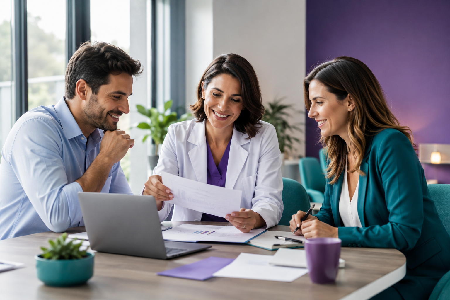 Equipo de Nexaval Salud trabajando de forma colaborativa con un cliente