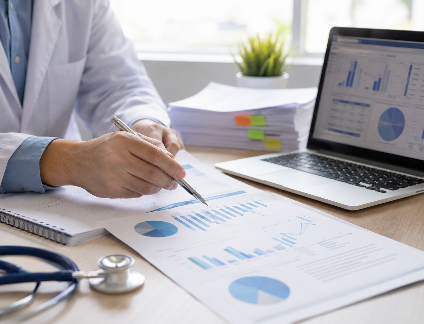 Profesional de salud analizando indicadores y datos operativos