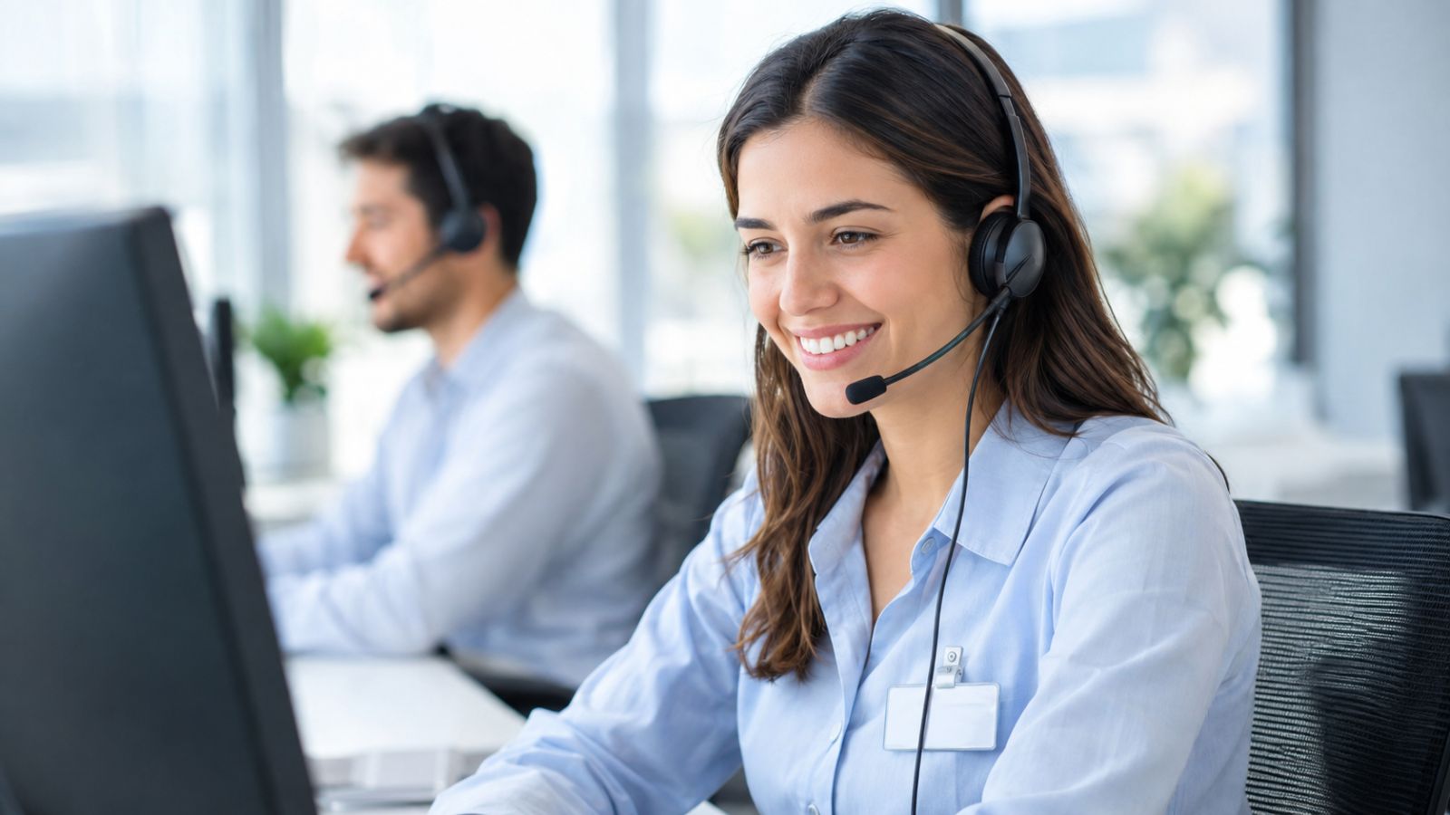 Agente de atención al cliente con auricular trabajando en su computadora