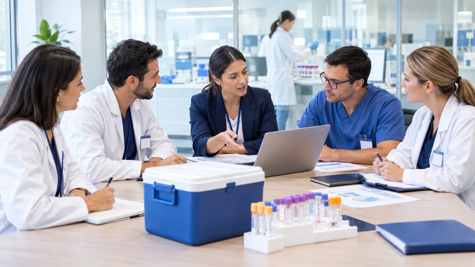 Equipe médica planejando um programa de acesso a diagnóstico ao lado de amostras biológicas prontas para transporte