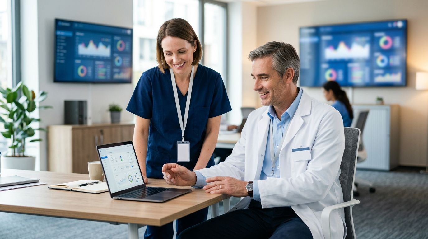 Enfermera y doctor revisando un panel digital en una consulta médica
